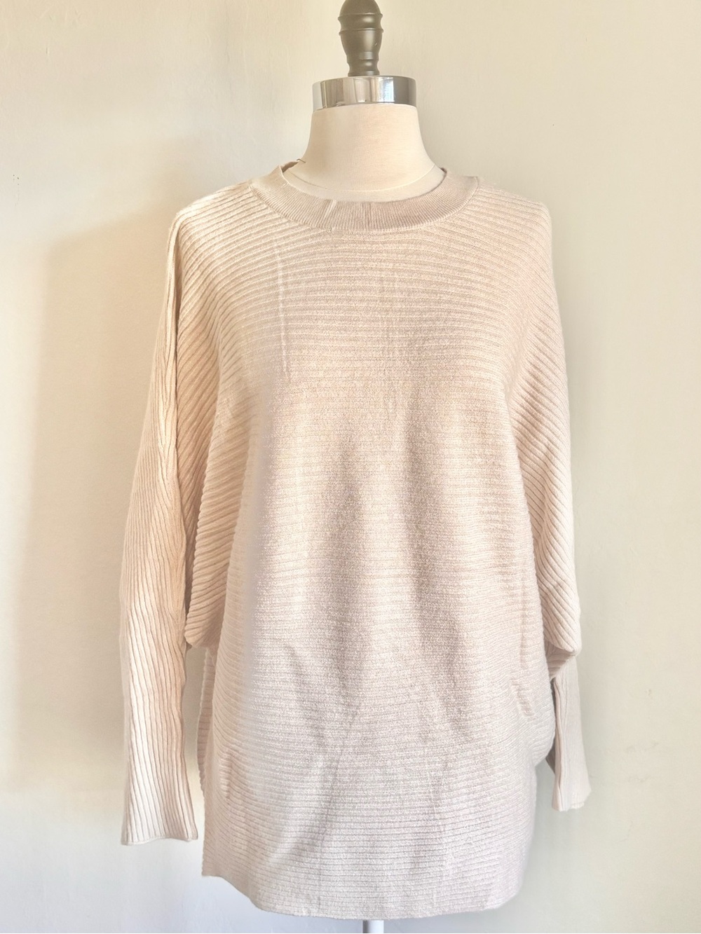 Cream Ribbed Batwing Knit Drop Shoulder Sweater, Sz Medium Super Soft, Relaxed